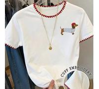Shein Camiseta de cuello redondo de manga corta para mujer en color blanco con ribete en forma de abanico rojo y estampado gráfico de "Bulldog Francés", de