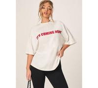 Shein Camiseta de cuello redondo oversize de manga corta de algodón con estampado de texto "It's Coming Home", ajuste relajado casual, jersey deportivo de s