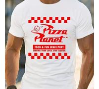 Shein Camiseta de cuello redondo para hombre con diseño gráfico de Pizza Planet, 220 g/m², verano, algodón puro, manga corta (1 pieza)