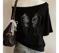 Shein Camiseta de cuello redondo para mujer con aplique de encaje calado con patrón de mariposa, bordado artesanal, estilo minimalista, regalo para amigas