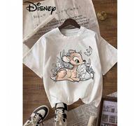 Shein Camiseta de Disney con estampado de "Bambi y Judy", jersey de cuello redondo, top casual deportivo de manga corta para mujer