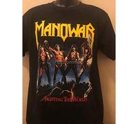 Shein Camiseta de dos caras "Fighting The World" de Manowar | Estilo metal de los 80, excelente estado, cuello redondo casual, tela ligeramente elástica, aj