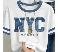 Shein Camiseta de estilo callejero 100% Y2K para tallas grandes - Impresa con la palabra "NYC", estilo casual, blanca con ribete azul, perfecta para la moda