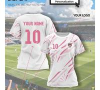 Shein Camiseta de fútbol de manga corta personalizada para mujer: impresa con tu número y diseño, con un elegante patrón blanco y rosa, estos jerseys son la