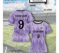 Shein Camiseta de fútbol morada real de Madeira personalizada para mujer: se puede imprimir con el logotipo de tu equipo, el nombre del jugador y detalles ú
