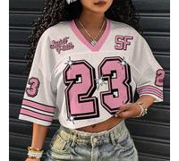 Shein Camiseta de fútbol para mujer con estampado gráfico Saint&Faith NO.23 en blanco y rosa, camiseta corta de malla holgada con cuello en V, estilo street