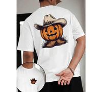 Shein Camiseta de Halloween con sombrero de vaquero y calabaza de talla grande, suave, de poliéster y algodón con estampado de doble cara, transpirable, d