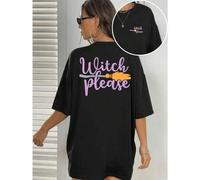 Shein Camiseta de Halloween con "Witch Please", para mujer, con estampado de doble cara, cuello redondo informal, algodón de 220 g/m² (1 unidad)