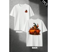 Shein Camiseta de Halloween Pumpkin House, 100 % algodón estampado a doble cara, duradera, corte regular, esencial para el invierno.