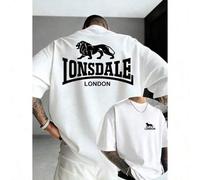 Shein Camiseta de hombre 100% algodón con estampado a doble cara, camiseta LONSDALE London Lion Letter Print, camiseta vintage de algodón premium de 200 g,