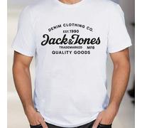Shein Camiseta de hombre Black Jack&Jones Denim Clothing Co. Camiseta con estampado de moda, 220 g/m², para hombre, informal, cuello redondo, puro algodón