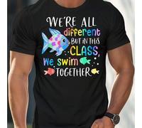 Shein Camiseta de hombre con el lema "We're All Different But Swim Together", cuello redondo, 220 g/m², para verano, de puro algodón, manga corta (1 unidad)