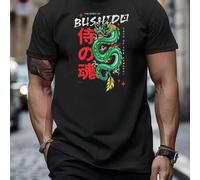 Shein Camiseta de hombre con espíritu Bushido y estampado de dragón, camiseta de hombre con cuello redondo, 220 g/m², para verano, fabricada en puro algodón