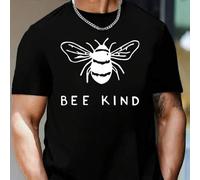Shein Camiseta de hombre con estampado de abejas y "BEE KIND", cuello redondo, 220 g/m², para verano, de puro algodón, manga corta (1 pieza)