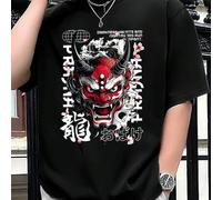 Shein Camiseta de hombre con estampado de máscara japonesa Oni, cuello redondo, 220 g/m², para verano, de puro algodón, manga corta (1 pieza)