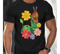 Shein Camiseta de hombre con estampado de orugas y flores de colores, cuello redondo, 220 g/m², para verano, de puro algodón, manga corta (1 pieza)