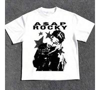 Shein Camiseta de hombre con estampado gráfico de ASAP Rocky, camiseta de manga corta en blanco y negro de estilo minimalista y vintage, ropa de calle, 100%
