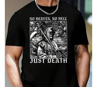 Shein Camiseta de hombre con estampado "NO HAY CIELO, NO HAY INFIERNO, SOLO MUERTE", cuello redondo, 220 g/m², para verano, de puro algodón, manga corta (1