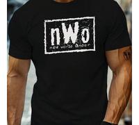 Shein Camiseta de hombre con estampado "Nuevo Orden Mundial", negra, cuello redondo, 220 g/m², para verano, de puro algodón, manga corta (1 unidad)