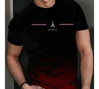 Shein Camiseta de hombre con gradiente de París e impresión de la Torre Eiffel - Cuello redondo casual de manga corta con diseño de degradado de negro a roj
