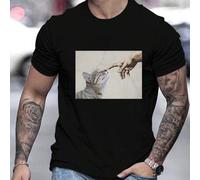 Shein Camiseta de hombre con gráfico de creación de gato, camiseta de cuello redondo para hombre, 220 g/m², para verano, fabricada en puro algodón, manga co