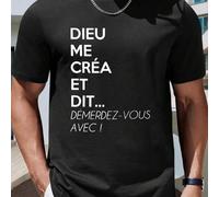 Shein Camiseta de hombre con la frase en francés "Dieu Me Crea Et Dit", cuello redondo, 220 g/m², para verano, de puro algodón, manga corta (1 pieza)
