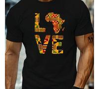 Shein Camiseta de hombre con mapa de África y estampado LOVE, cuello redondo, 220 g/m², para verano, de puro algodón, manga corta (1 pieza)