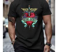 Shein Camiseta de hombre con motivo de la banda "Bon Jovi", cuello redondo, 220 g/m², para verano, de puro algodón, manga corta (1 unidad)