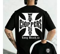 Shein Camiseta de hombre con temática de locomotora retro, estampado de letras de West Coast Choppers, camiseta estampada a doble cara, 100% algodón de alta