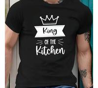 Shein Camiseta de hombre con texto "King of the Kitchen", cuello redondo, 220 g/m², para verano, de puro algodón, manga corta (1 pieza)