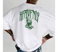 Shein Camiseta de hombre de algodón acanalado, con estampado del Reino Celestial, ropa deportiva de estilo universitario para primavera y verano, tops de ma