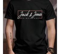 Shein Camiseta de hombre de Jack & Jones con estampado moderno, 220 g/m², para hombre, informal, cuello redondo, puro algodón, manga corta (1 pieza)