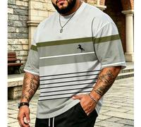 Shein Camiseta de hombre talla grande y alta, con estampado de rayas en degradado verde oliva y gris + pequeño logo de caballo, de corte holgado y casual pa