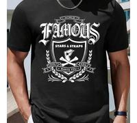 Shein Camiseta de hombre World Famous Stars & Straps, cuello redondo, 220 g/m², para verano, de puro algodón, manga corta (1 pieza)