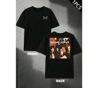 Shein Camiseta de la banda Bon Jovi, música rock otoñal, algodón suave, cuello redondo, corte holgado, cómoda, hip-hop callejero, impresión a doble cara.