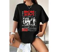 Shein Camiseta de la banda de rock Bon Jovi para mu jer, 100 % algodón, cuello redondo, corte holgado, cómoda, estampado llamativo