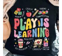 Shein Camiseta de maestro de jardín de infantes "El juego es aprendizaje" con estilo retro y psicodélico, transpirable y cómoda, cuello redondo de manga cor