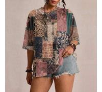 Shein Camiseta de malla transparente con patchwork de estampado animal & floral de talla grande, top bohemio transparente para festival y cubierta de playa