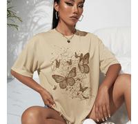 Shein Camiseta de manga caída con estampado de mariposa, camisetas gráficas para mujeres