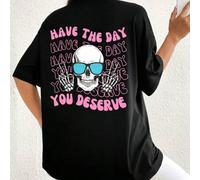 Shein Camiseta de manga caída con gráfico de calavera y eslogan "TENER EL DÍA QUE TE MERECES" para mujeres