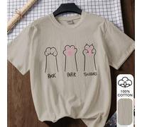 Shein Camiseta de manga corta 100% algodón con estampado de huella de garra de gato para el verano, esencial para volver al colegio, atuendo para el primer