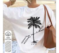 Shein Camiseta de manga corta 100% algodón holgada para mujer, con estampado gráfico minimalista de un árbol de coco dibujado a mano y texto manuscrito "Joy