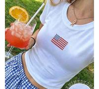 Shein Camiseta de manga corta ajustada con bordado de bandera de EE. UU. y cuentas, camiseta con cuentas, camiseta bordada, camiseta para todas las estacion