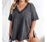 Shein Camiseta de manga corta ancha con efecto desgastado y lavado ácido, de estilo retro y moda para mujer de talla grande