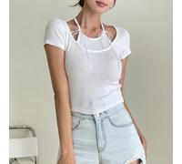 Shein Camiseta de manga corta ARA IN SEOUL Ladies' White Pure Desire de aspecto de dos piezas con lazo, que realza el temperamento, es de corte ajustado y e