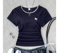 Shein Camiseta de manga corta azul marino con diseño de volantes laterales, estampado gráfico de jinete de caballo y bordado de contraste, estilo básico y c
