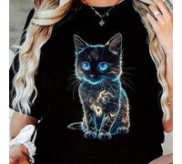 Shein Camiseta de manga corta casual con cuello redondo y estampado de gato para mujer de talla grande, negro de verano