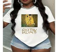 Shein Camiseta de manga corta casual con estampado del arte "El Beso" de Gustav Klimt, perfecta para el Día Internacional de los Museos y la apreciación del