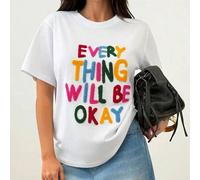 Shein Camiseta de manga corta casual de algodón blanco con estampado de la frase "Todo estará bien", camiseta casual de corte holgado con mensaje positivo