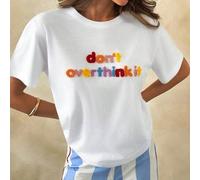 Shein Camiseta de manga corta casual de corte holgado para mujer con bordado "No lo pienses demasiado" y estrellas de colores | Blusa gráfica de verano lind